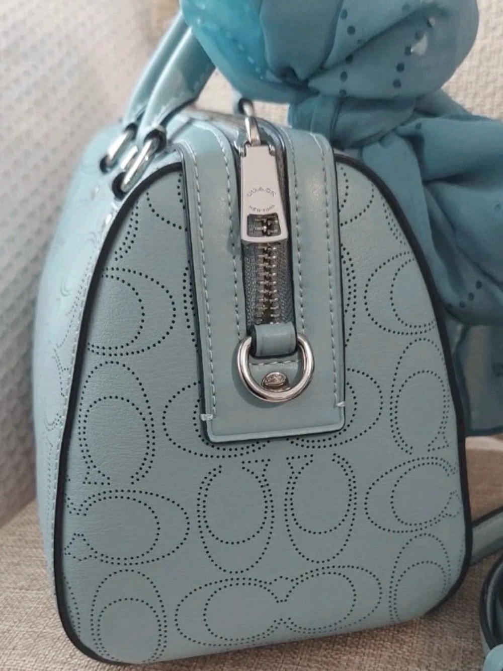 Coach Rowan Sky Blue Perforated Leather Bag with Scarf Accent - Picture 9 of 16